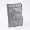 Close-up of silver PU leather passport cover with world map and PASSPORT embossed design - Gray