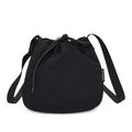Black drawstring bucket bag in lightweight nylon fabric with adjustable shoulder strap - Black