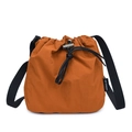 Compact brown drawstring bucket bag with adjustable black shoulder strap in nylon - Dirty Orange