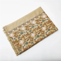 Detailed embroidery of brown leaves and pink flowers on thick cashmere-feel scarf with tassels - Khaki 450g