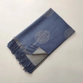 Detail of blue and grey pashmina scarf with woven tree patterns and long tassels - Tree Pattern #2