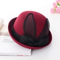 Burgundy wool felt cloche hat with black mesh cat ears and large bow detail - Burgundy