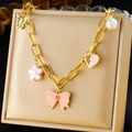 Gold chain necklace with pink tulip, butterfly and heart charms in a jewelry box - Pink Bow Flower Artificial Pearl Necklace (N3121)