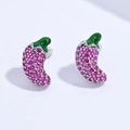 Macro shot of silver eggplant stud earrings with pink pavé stones and green enamel leaves - Silver Rose Red Stone Banana Style (VE1577)