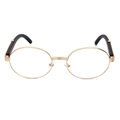 Vista frontal detallada de gafas de sol redondas de metal dorado con patillas negras en blanco - Montura Dorada Lente Transparente