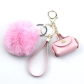 Pink plush faux leather keychain set with mini bag charm and gold metal wrist strap - Pink