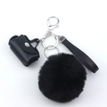 Fashionable faux leather mini bag and black faux fur pompom keychain with wrist strap - Black
