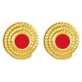 Vintage 18K gold-plated round hoop earrings with red enamel and twisted rope texture - Red