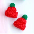 Set of two red mini knitted Christmas finger hats with green pom-poms for DIY decoration - Christmas Hat Red 1PC