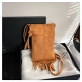 Faux suede mustard yellow crossbody phone bag with tassel detail and crossbody strap - Brown