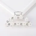 Large silver alloy hair claw clip with frosted white flowers and sparkling rhinestones - Silver Arc White