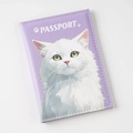 Detailed view of lavender PU leather passport cover featuring a cute white cat UV print - Purple Cat