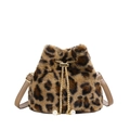 Winter plush leopard print bucket bag with metal chain drawstring and pearl charms - Brown Rabbit Fur