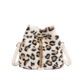 Plush faux fur bucket bag with leopard print, metal chain drawstring and pearl charm - Beige