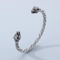 Silver stainless steel twisted cable bracelet with detailed twin wolf heads open cuff - Wolf Head Style (KB152065-KJX)