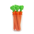 Carrot shaped plastic food bag clips in orange and green stored in a transparent cup - Carrot with Magnetic Storage Box (Includes 5 Clips)
