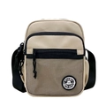 Minimalist beige crossbody bag with mesh pocket and adjustable black strap in urban style - Khaki