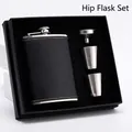 Portable 8oz black leather wrapped stainless steel hip flask gift set with cups - 6oz Black Plain Leather Set 180ml
