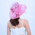 Vue arrière du chapeau de soleil en organza rose avec grandes fleurs 3D et volants - M / Rose rouge