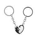 Detail of interlocking black and white cat heart charms on stainless steel keychains - Heart Black White Cat