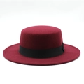 Deep burgundy flat top boater hat with a wide brim and black ribbon detail - M (56-58cm) / Burgundy