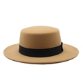 Detail of khaki wool boater hat with a flat brim and black decorative grosgrain ribbon - M (56-58cm) / Camel