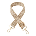 Close-up of khaki jacquard strap with white embroidery and golden metal buckles - Gold Buckle / Khaki on Beige Base