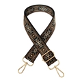 Close-up of ethnic embroidery on adjustable wide bag strap with gold lobster clasps - Beige Brown on Black Base