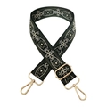 Close-up of ethnic embroidered 3.8cm bag strap with vintage geometric patterns and gold hooks - Beige Army Green on Black Base