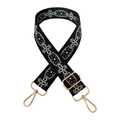 Close-up of 3.8cm wide ethnic jacquard strap with gold metal hooks and geometric embroidery - Black and White on Black Base