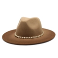 Detail of two-tone wool fedora featuring a gold chain and faux pearl decorative band - M (56-58cm) / Brown