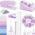 Set completo di cancelleria per ufficio viola lavanda con cucitrice e forbici in vista piatta - Set da 10 pezzi / Scatola Aereo / Viola