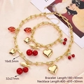 Elegant gold-plated jewelry set featuring strawberry cherry and heart charms on U-link chains. - Large Cherry & Strawberry & Small Cherry U-shaped Bracelet & Necklace Suit (gold)|1 Set/package / Length:180+50mm & 400~410+50mm