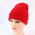 Detailed view of red ribbed knit beanie showing fine vertical texture and wide folded cuff - One Size / Red