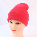 Close-up of red ribbed knit beanie texture and warm wool fabric on a display head - One Size / Watermelon red