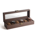 6-slot dark walnut wood watch display box with clear glass lid and brown velvet pillows - 6 Slots
