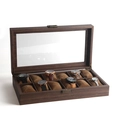 Brown wood grain watch display box featuring 10 slots and soft velvet pillows - 12 Slots