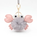 Cute gray plush crab keychain with pink leather claws and a gold metal clasp for bags - Light Gray