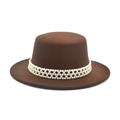 Detail of brown wool fedora with triple-row pearl decorative band and flat top - M (56-58cm) / Coffee