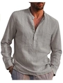 Detail of gray linen shirt for men featuring a classic long sleeve casual henley v-neck design - Gray