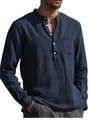 Detail of navy linen long sleeve shirt featuring a mandarin collar and chest pocket - M / Tops / Navy Blue