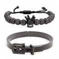 Ensemble bracelet homme en perles couronne et jonc ajustable en acier inoxydable noir - 1 Ensemble Noir de Jais