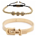 Conjunto de pulsera de cuentas doradas con cristales y brazalete de hebilla ajustable - Pulsera + Brazalete con Hebilla de Cinturón / 1 Set Dorado