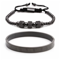 Detail of Roman numeral stainless steel bangle and black beaded bracelet set for men - 2 Set Black