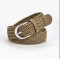 Braided wax rope waist belt in light brown with silver metal buckle and leather trim - Khaki