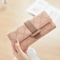 Pink PU leather long wallet for women with flower embossing and brown buckle strap - Pink