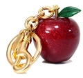 Red glitter apple keychain with golden metal chain and spring clasp on white background - Glittery Apple With Metal Leaves And Light Gold Accents