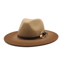 Detailed top view of a camel wool fedora hat featuring a thin black belt and gold buckle - M(56-58cm) / Brown