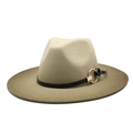 Classic khaki wool fedora hat with flat brim and black leather strap with gold buckle - M(56-58cm) / Army Green