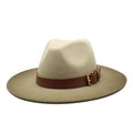 Two-tone beige and olive green wool felt fedora hat with a brown faux leather belt buckle - M(56-58cm) / Army Green Color Block
